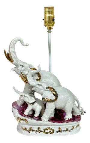 Vintage Glazed Ceramic Gilded Three Elephant Lamp