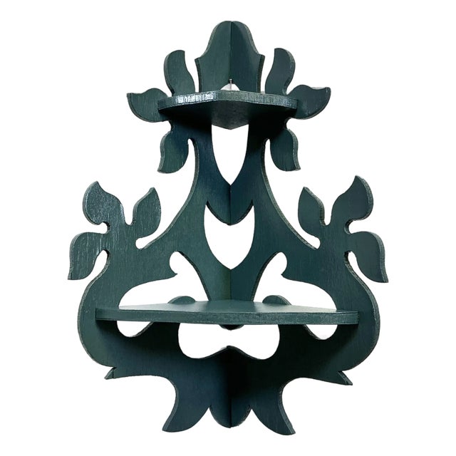 1950s Vintage Boho Chic Folk Art 2 Tier Corner Wall-Mounted Shelf, Newly Painted. For Sale
