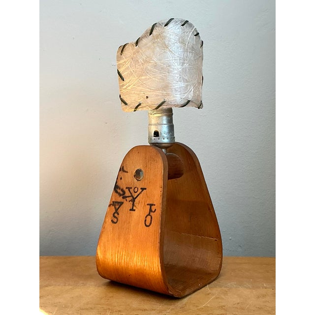 Vintage Mid-Century Modern Wood and Metal Stirrup Table Lamp For Sale - Image 12 of 12