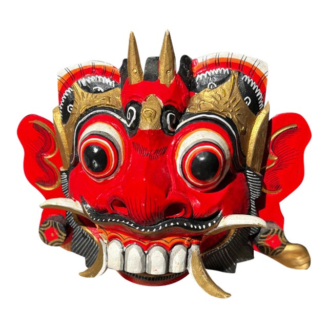 Vintage Balinese Barong Rangda Mask Art Piece on Stand For Sale