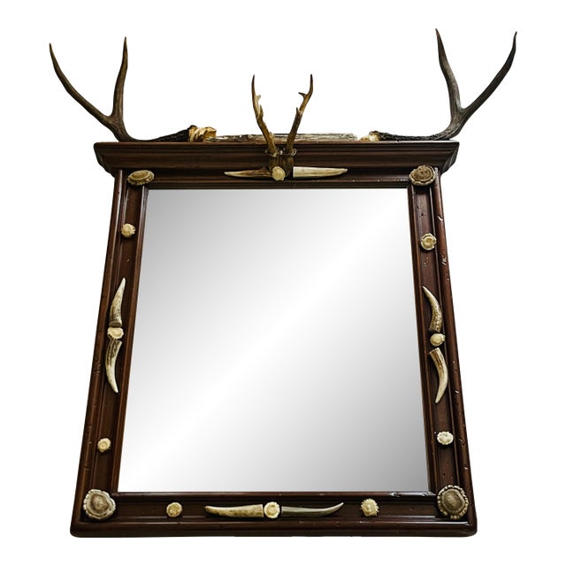 Gorgeous Black Forest Antique Mirror With Antlers and Birrows For Sale