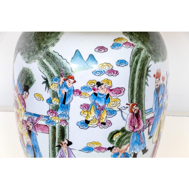 Jade Chinese Famille Rose Porcelain Ovoid Vase Table Lamp | Celestial Court Figures | Carved Jade Finial | Mid-20th Century For Sale - Image 8 of 10