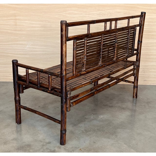 High Backrest Bamboo Bench with Leather Ligatures in style of Edizioni Molto, 1960 For Sale - Image 9 of 13