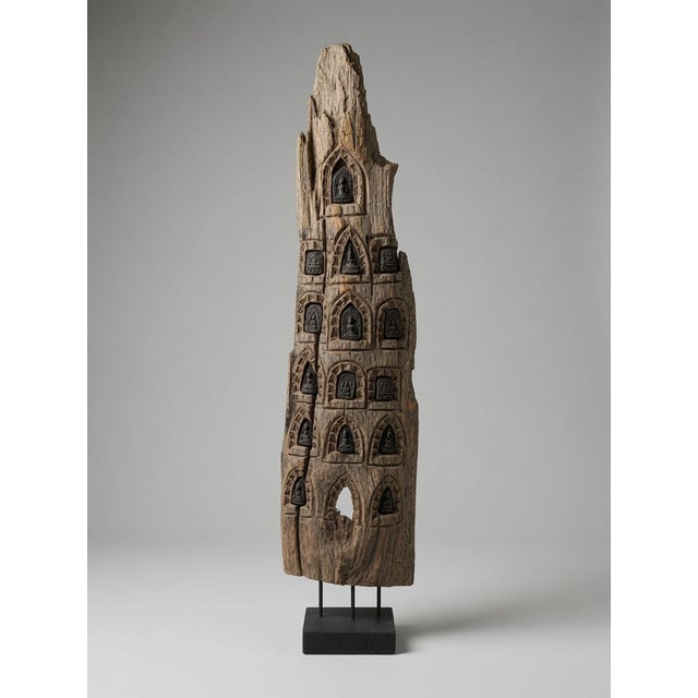 Antique Carved Wood Sculpture with Buddha Niches Striking standing carved wood sculpture featuring a vertical arrangement...