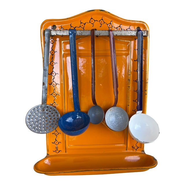Set of 6, Country French Enamel Orange Kitchenalia Utensil Holder Rack With 5 Ladles For Sale