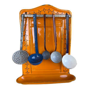 Set of 6, Country French Enamel Orange Kitchenalia Utensil Holder Rack With 5 Ladles