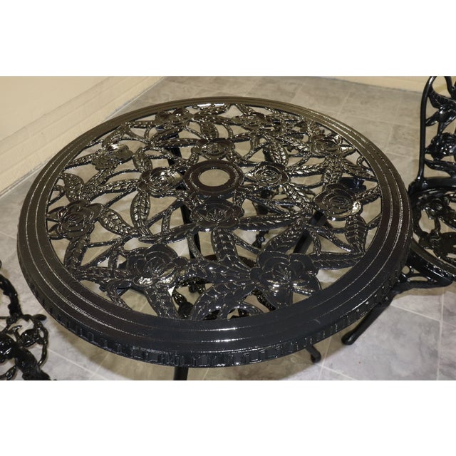 1950s Rose-Pattern Cast Iron and Aluminum Garden Bistro Set With Two Plant Stands, 5 Pieces For Sale - Image 15 of 16