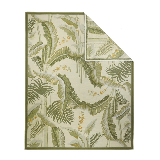 The near black field explodes with six large tropical flower and giant leaf roundels enclosing colorful birds; and two...