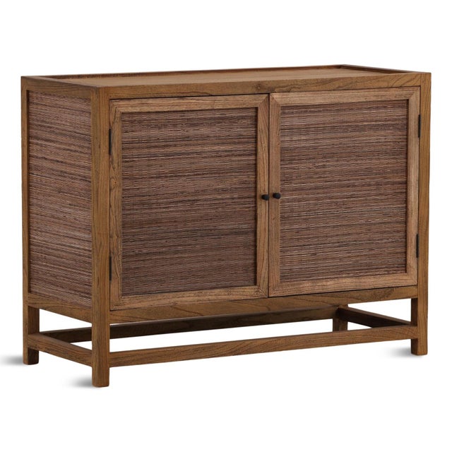 Modern tropical style Mindi wood frame two-door sideboard / nightstand with coconut leaf rattan woven doors and sides....
