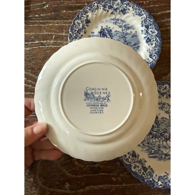 Chinoiserie Vintage Johnson Brothers Coaching Scenes Blue Bread Plates – Set of 3 For Sale - Image 3 of 11