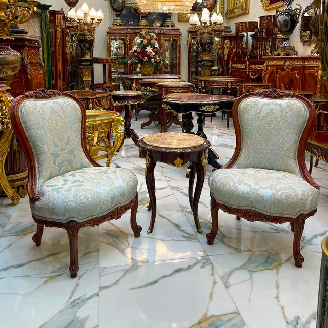 French French Louis XV Armchair – Sky Blue Damask Upholstery With Ornate Wood Frame For Sale - Image 3 of 4
