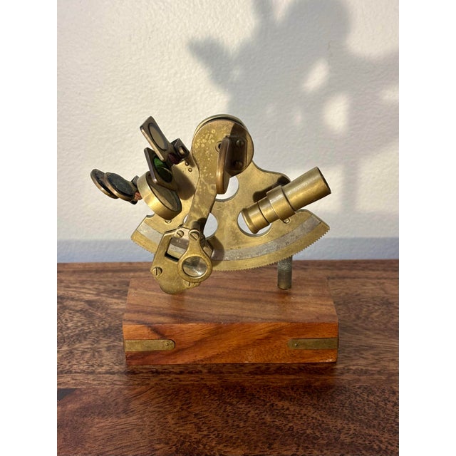 Antique Brass Nautical Sextant on Hardwood Display Stand, Maritime Instrument For Sale In Miami - Image 6 of 6