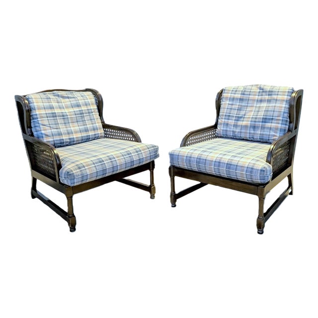 Pair of Vintage Henredon Low-Profile Cane Wingback Lounge Chairs For Sale