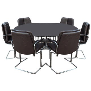 Chrome Table & Brown Leather & Chrome Pieff Chairs by Richard Young for Merrow, Set of 7 For Sale
