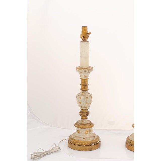 1940s Large Italian Gilt & Hand-Painted Candlestick Lamps For Sale In Atlanta - Image 6 of 12