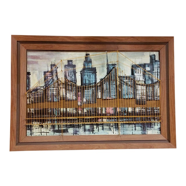 1960s Mid Century Modern Brooklyn Bridge, New York City Skyline Mixed Media Art For Sale