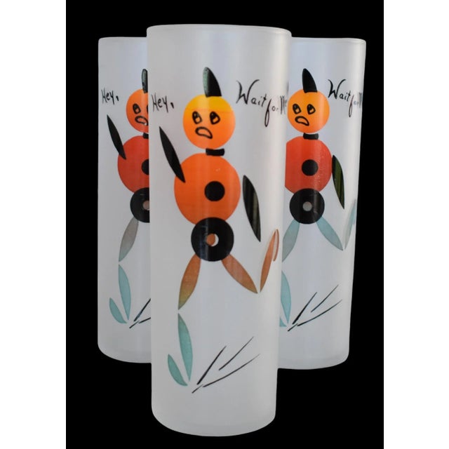 Federal Glass Vintage 1950s Federal Glass Hey Wait for Me Tall Frosted Tom Collins Zombie Tumblers- Set of 6 For Sale - Image 4 of 10