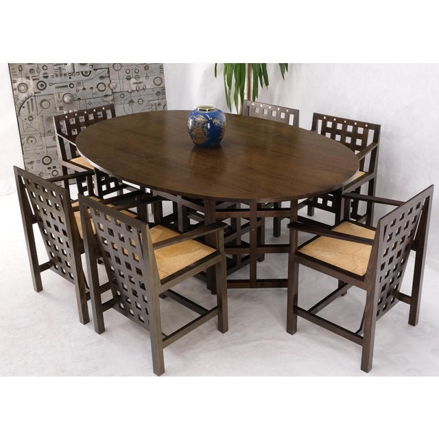 Late 20th Century Brown Oak Cassina Macintosh Drop Leaf Dining Table 6 Rush Seat Chairs Set Mint For Sale - Image 16 of 18