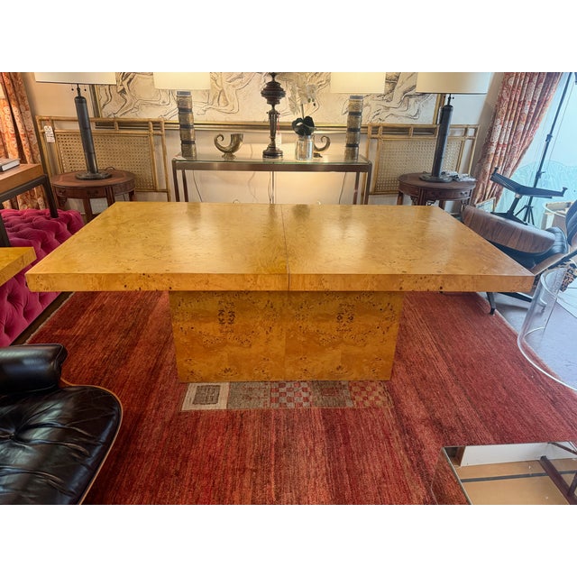 Milo Baughman Style Burl Wood Extendable Pedestal Dining Table For Sale - Image 13 of 15