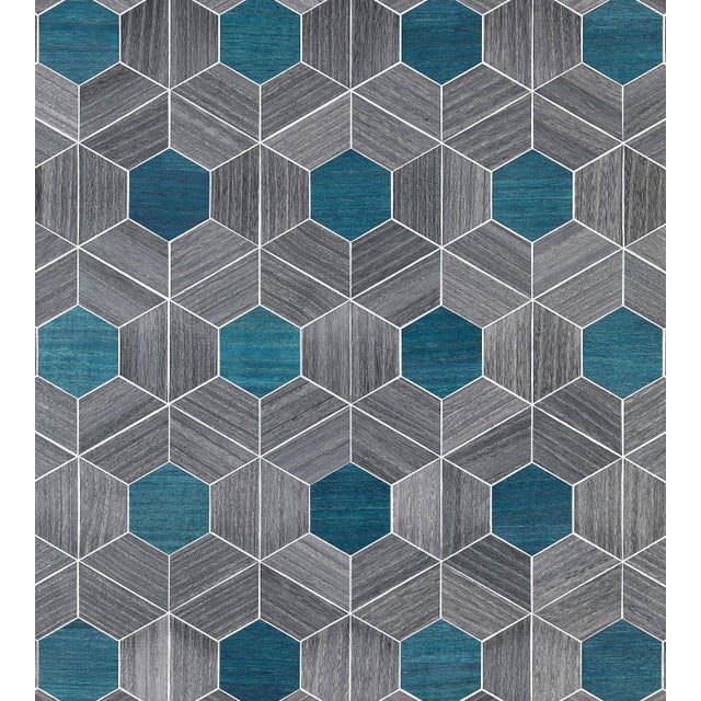 The House of Scalamandre Hive Wood Wallcovering, Ash & Aqua For Sale