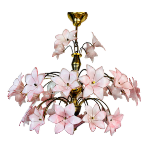1980s Pink Murano Style Hand Painted Floral Glass Chandelier