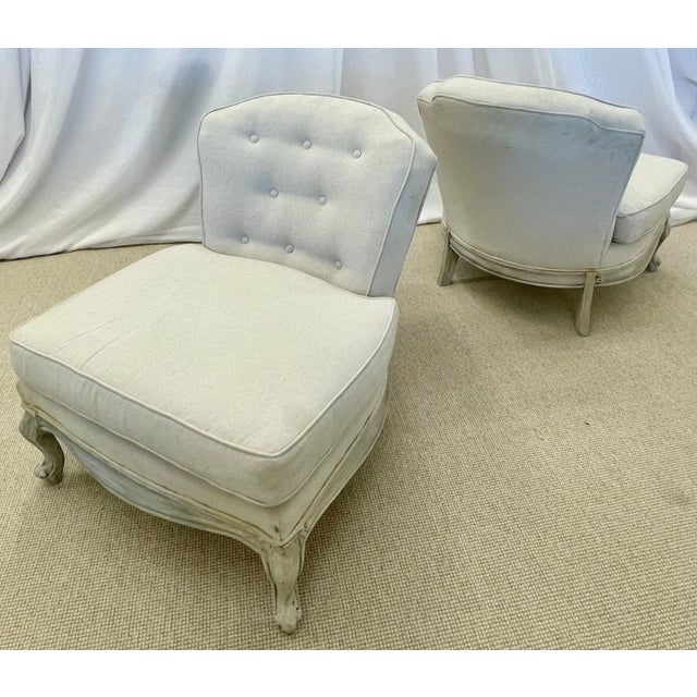 Pair Gustavian Style Slipper Chairs, Swedish Style Paint Decorated, Distressed, Linen For Sale - Image 11 of 11