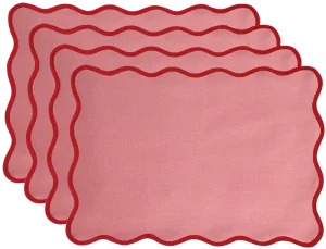 Pink with Red Trim Handmade Rectangular Scallop Placemats - Set of 4