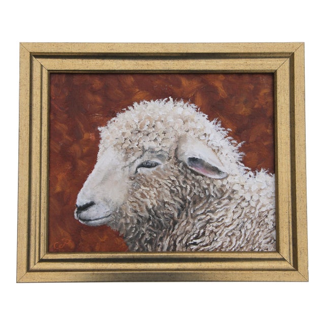 Sheep Portrait Impressionist English Traditional Realism White Beige Sienna Original Oil Painting Cleo Plowden For Sale