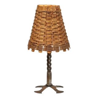 Mid-Century Table Lamp in Wrought Iron with Woven Rattan Shade, 1960s For Sale