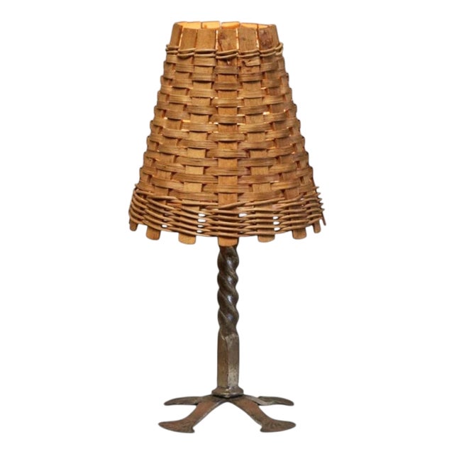 Mid-Century Table Lamp in Wrought Iron with Woven Rattan Shade, 1960s For Sale