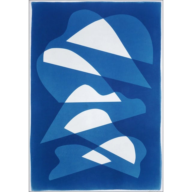 2025, Post Modern, Blue and White Abstract Shapes, Unique Monotype Cyanotype on Watercolor Paper by Kind of Cyan For Sale