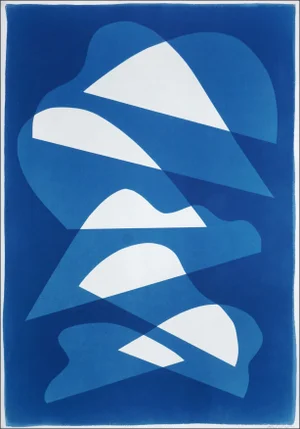 2025, Post Modern, Blue and White Abstract Shapes, Unique Monotype Cyanotype on Watercolor Paper by Kind of Cyan