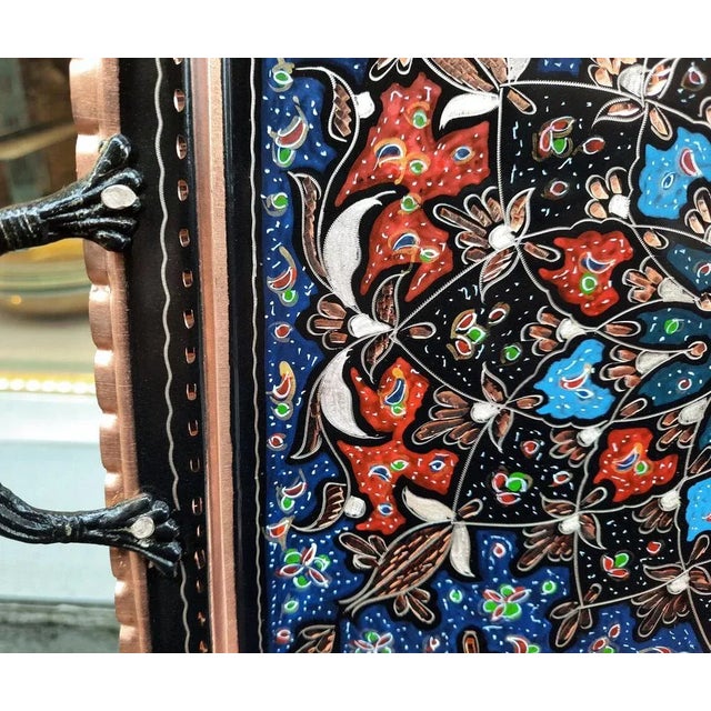 Black Hand Made Colorful Floral Engraved Service Tray with Handles For Sale - Image 8 of 10