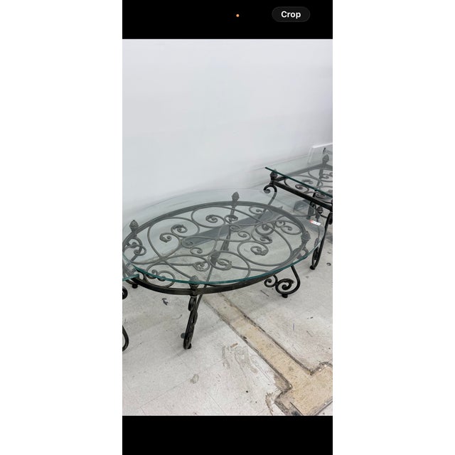 Vintage Wrought Iron French Black 2 End Table and 1 center table Beveled Glass Top Ornate Rectangular