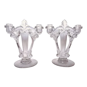Pair of 1920s Art Deco Period Pressed Glass Two-Light Tall Candelabra