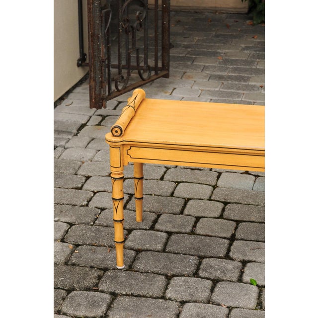 Wood Vintage English Midcentury Goldenrod Painted Wooden Bench with Black Accents For Sale - Image 7 of 11
