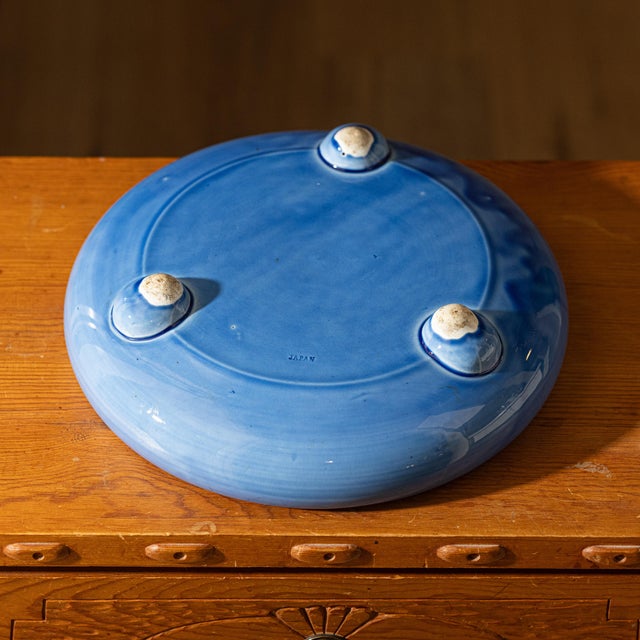 Ceramic 1920s Japanese Awaji Art Pottery Periwinkle Blue Footed Low Bowl For Sale - Image 7 of 9