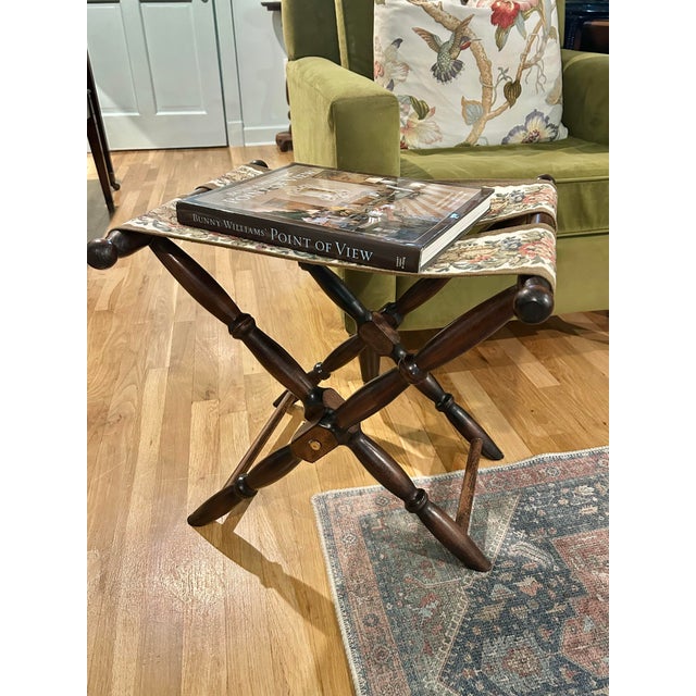 1980s Vintage French Beechwood and Tapestry Folding Luggage Rack For Sale - Image 5 of 12