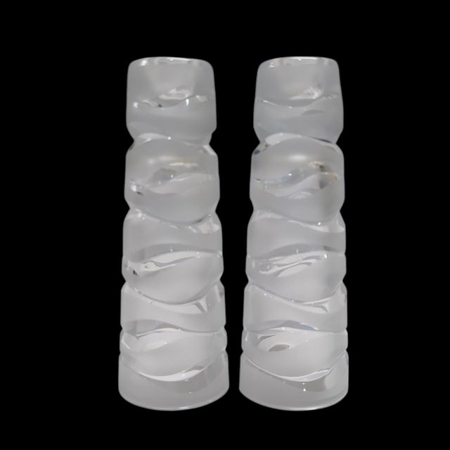 VTG Modernist Pair Crystal Taper Candle Holders Clear/Frosted Wavy Skandi 7" (Has been attributed to JG Durand) This...