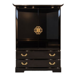 Vintage Broyhill Asian Modern Black Lacquer Armoire With Brass Hardware For Sale