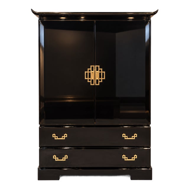Vintage Broyhill Asian Modern Black Lacquer Armoire With Brass Hardware For Sale