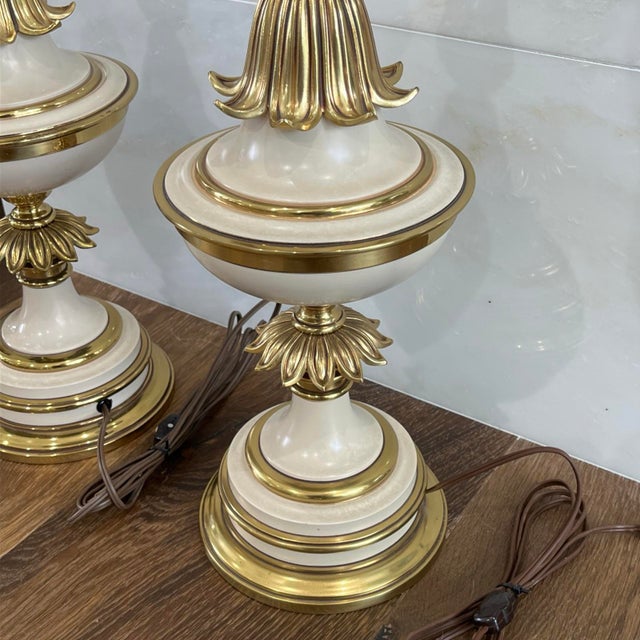 Mid-Century Modern Vintage Mid-Century Modern Stiffel Torchiere Table Lamps Brass & Enamel Hollywood Regency - a Pair For Sale - Image 3 of 12