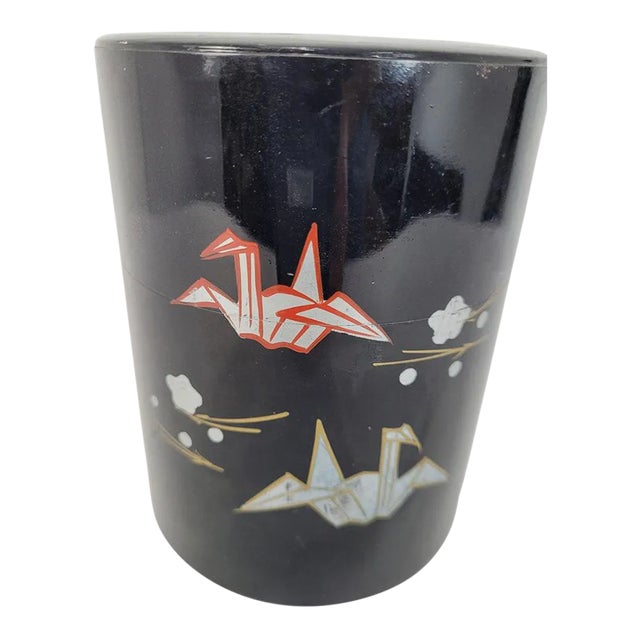 Vintage Japanese Black Lacquer Origami Bird Tin Box or Tea Canister For Sale