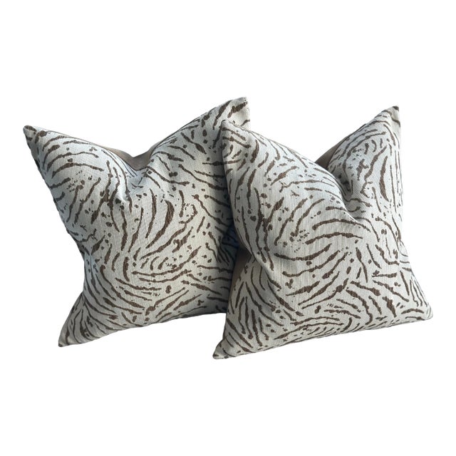 Square Tan and Cream Abstract Zebra Print Decorative Pillows - Pair For Sale