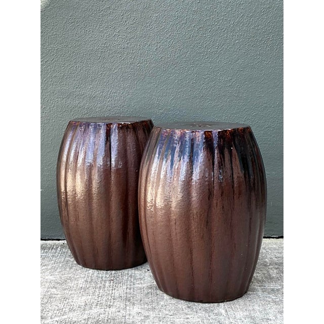 Ceramic Vintage Glazed Ceramic Glazed Low Stools - A Pair For Sale - Image 7 of 12