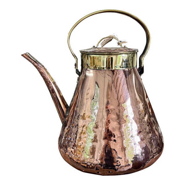 Antique French Hammered Copper & Brass Water Kettle With Lid, Early 19th Century For Sale