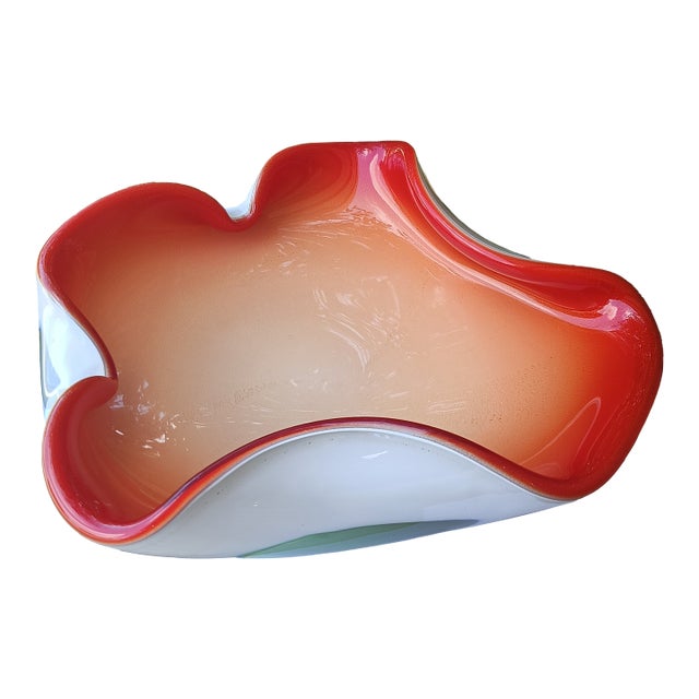 Vintage Murano-Attributed Large Sommerso and Lattimo Art Glass Bowl in Red and White With Gold Shimmer Large Catchall For Sale