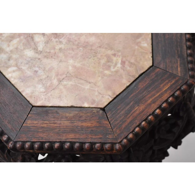Wood Antique Chinese Carved Hardwood Marble Top Plant Stand Side Table For Sale - Image 7 of 12