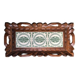 Vintage Green & White Scrollwork Carved Wood Serving Tray For Sale