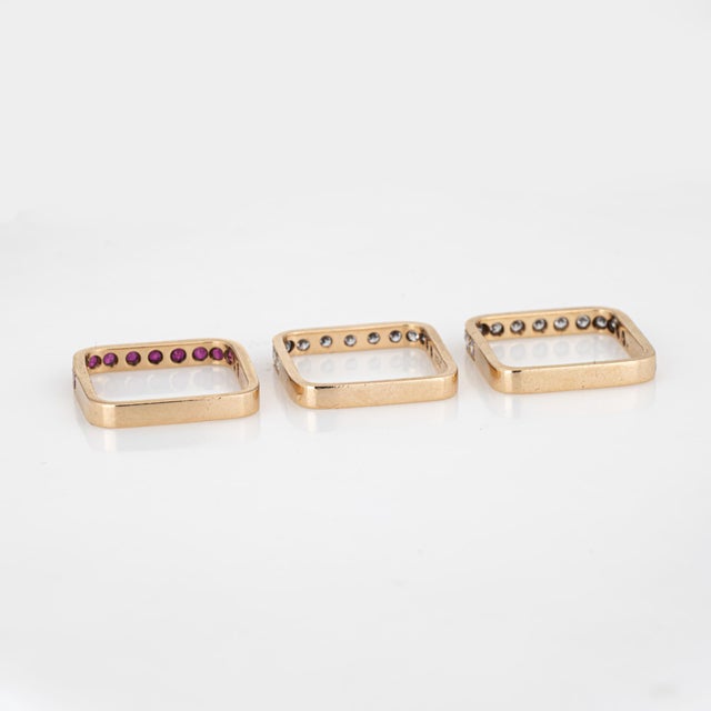 Mid 20th Century 14k Yellow Gold Diamond Ruby Square Stacking Rings ...